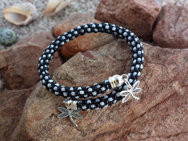 Black & White beaded bracelet with Dragonfly charms