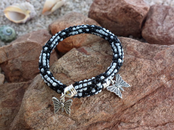 Black & White beaded bracelet with Butterfly charms