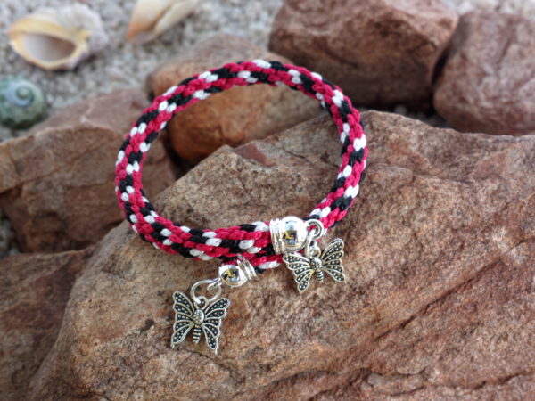 Red, Black & White braided bracelet with Butterfly charms