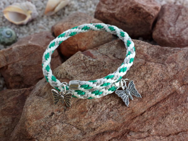 Green, White & Light Grey braided bracelet with Butterfly charms