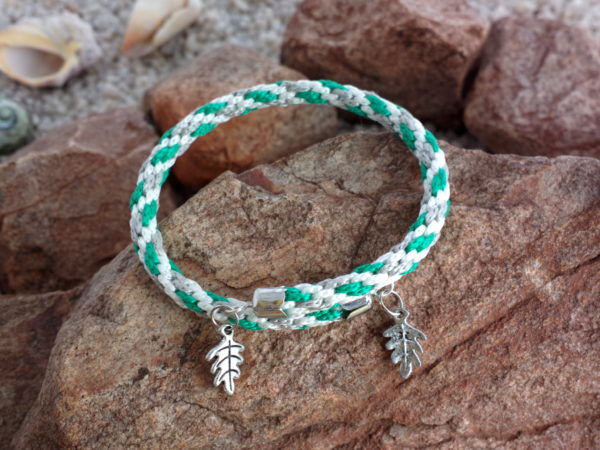 Green, White & Light Grey braided bracelet with Leaf charms