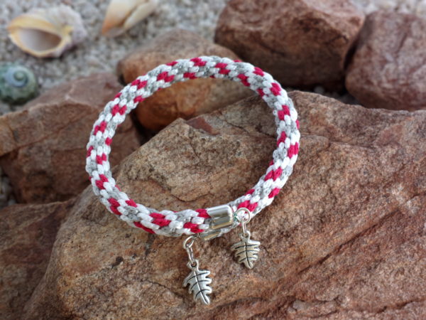 Red, White & Light Grey braided bracelet with Leaf charms