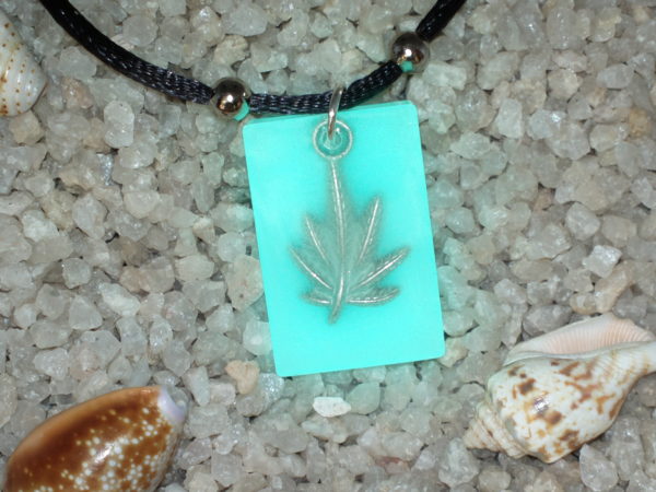 Rectangle Pendant – Blue Glow in the Dark with leaf charm inlay