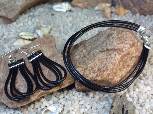 Black leather bracelet and earring set