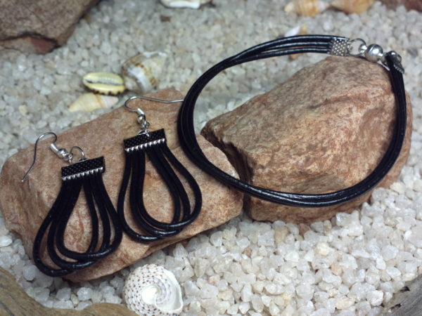 Black leather bracelet and earring set