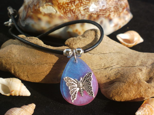 Teardrop Pendant – Blue & Pink with Butterfly inlay